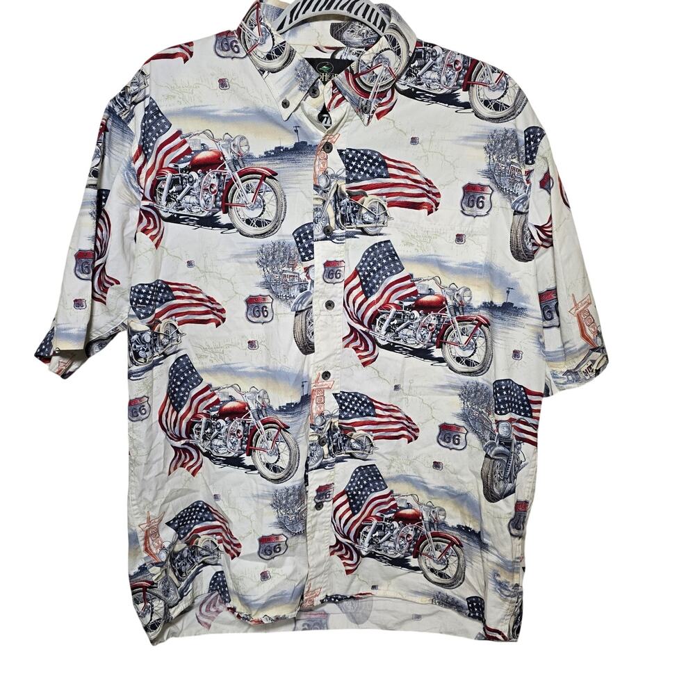 Redhead Men’s Classic Motor Cycles Button Down Bikes Sz Large 4th of July